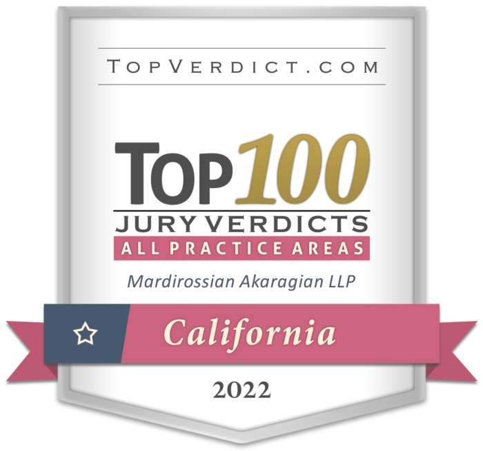 Mardirossian Akaragian LLP have been included in Top Verdict’s list of Top 100 Verdicts in California 2022. 