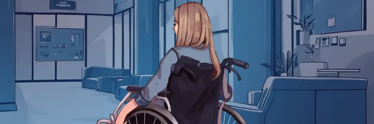 Illustration of a person in a hospital, sitting in a wheelchair following a spinal cord injury