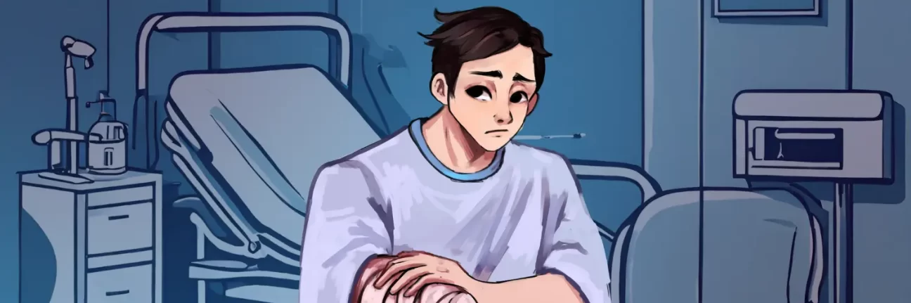 Illustration of a person in their hospital room, coming to terms with their recent forearm amputation