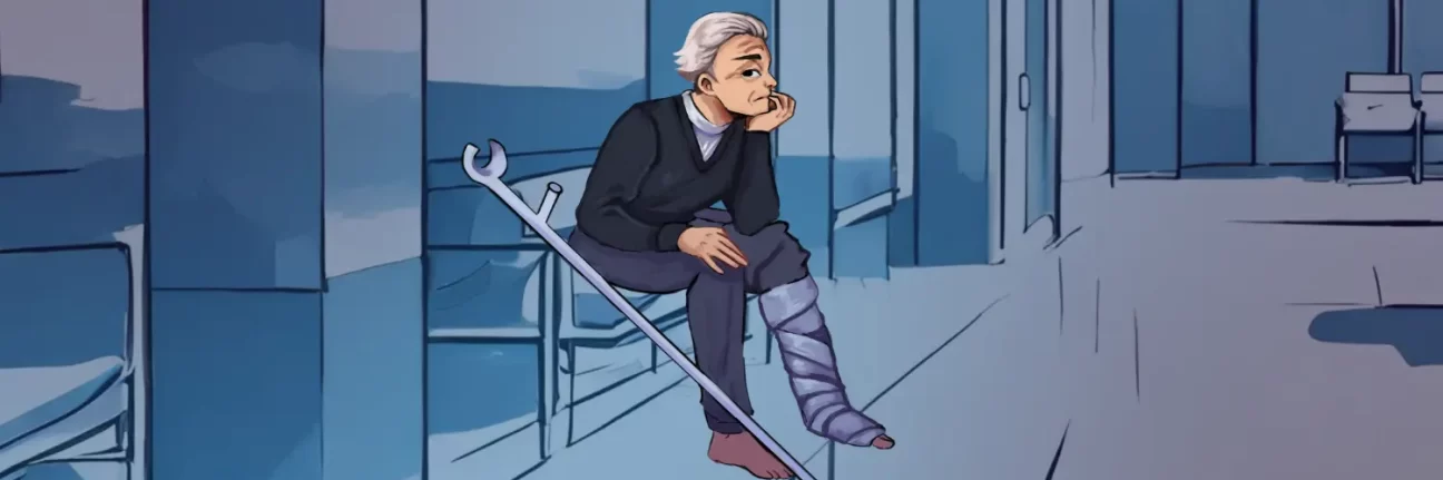 Illustration of a person in a hospital waiting room, waiting to be seen regarding their broken leg