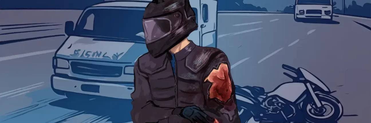 Illustration of a motorcyclist who has sustained a serious road rash injury following a motorcycle accident