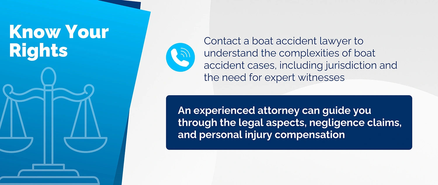 Infographic illustrating the first step to take following a boat accident, know your rights
